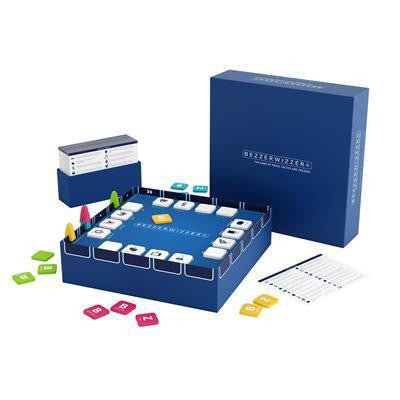 Bezzerwizzer trivia game with cards, tiles, playing pieces, and a blue box.
