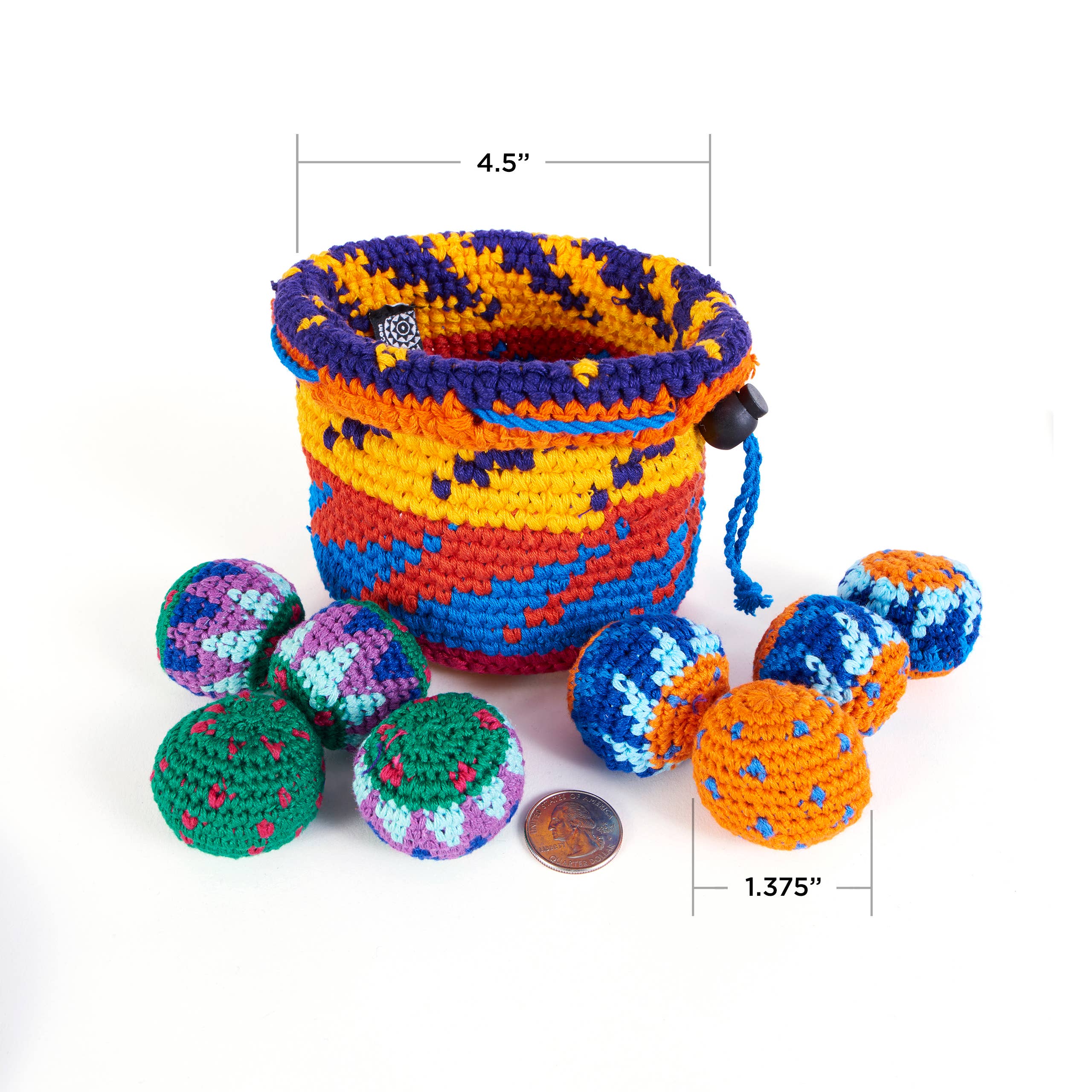 Canastaball Hacky Sacks set with six balls in a lightweight crocheted bag, labeled Holiday & Camp fun.