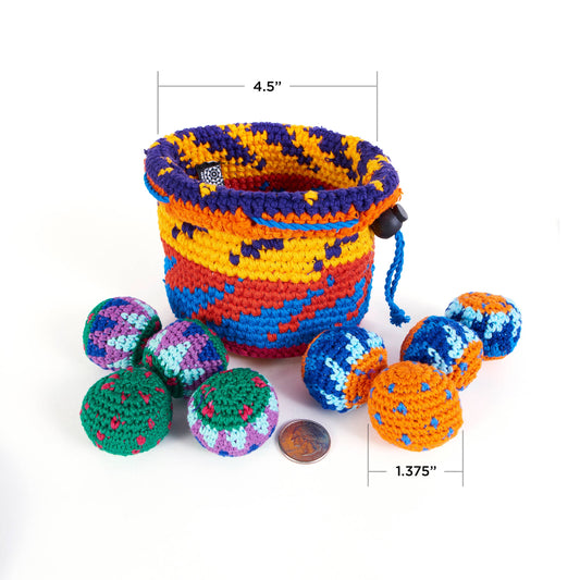 Lightweight Canastaball (YippiYappa) drawstring bag with six balls; product dimensions shown.