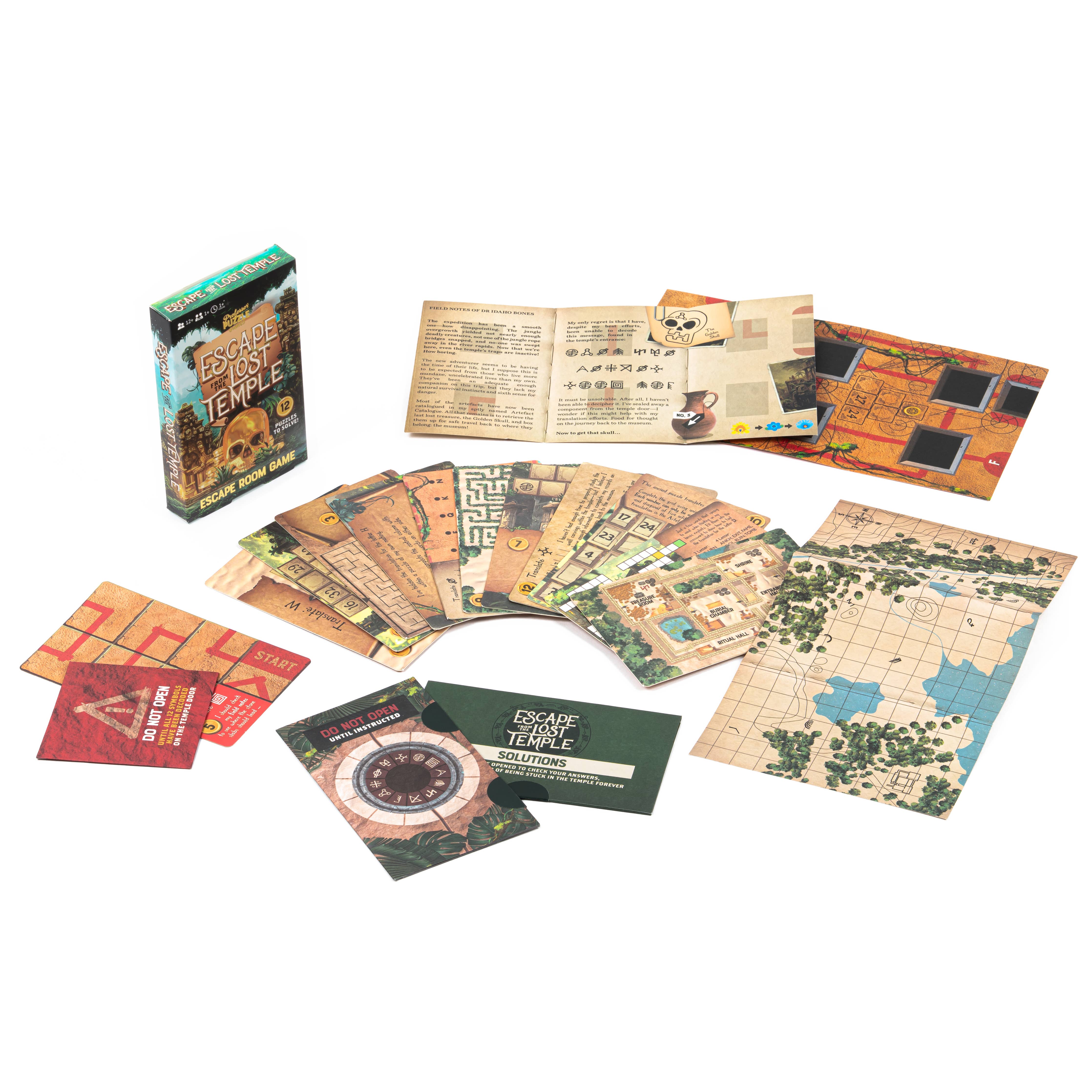 Escape from the Lost Temple card game with map, decoder wheel, and instructions for a temple puzzle adventure.