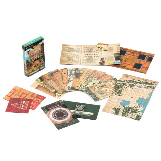 Escape from the Lost Temple card game with map, decoder wheel, and instructions for a temple puzzle adventure.