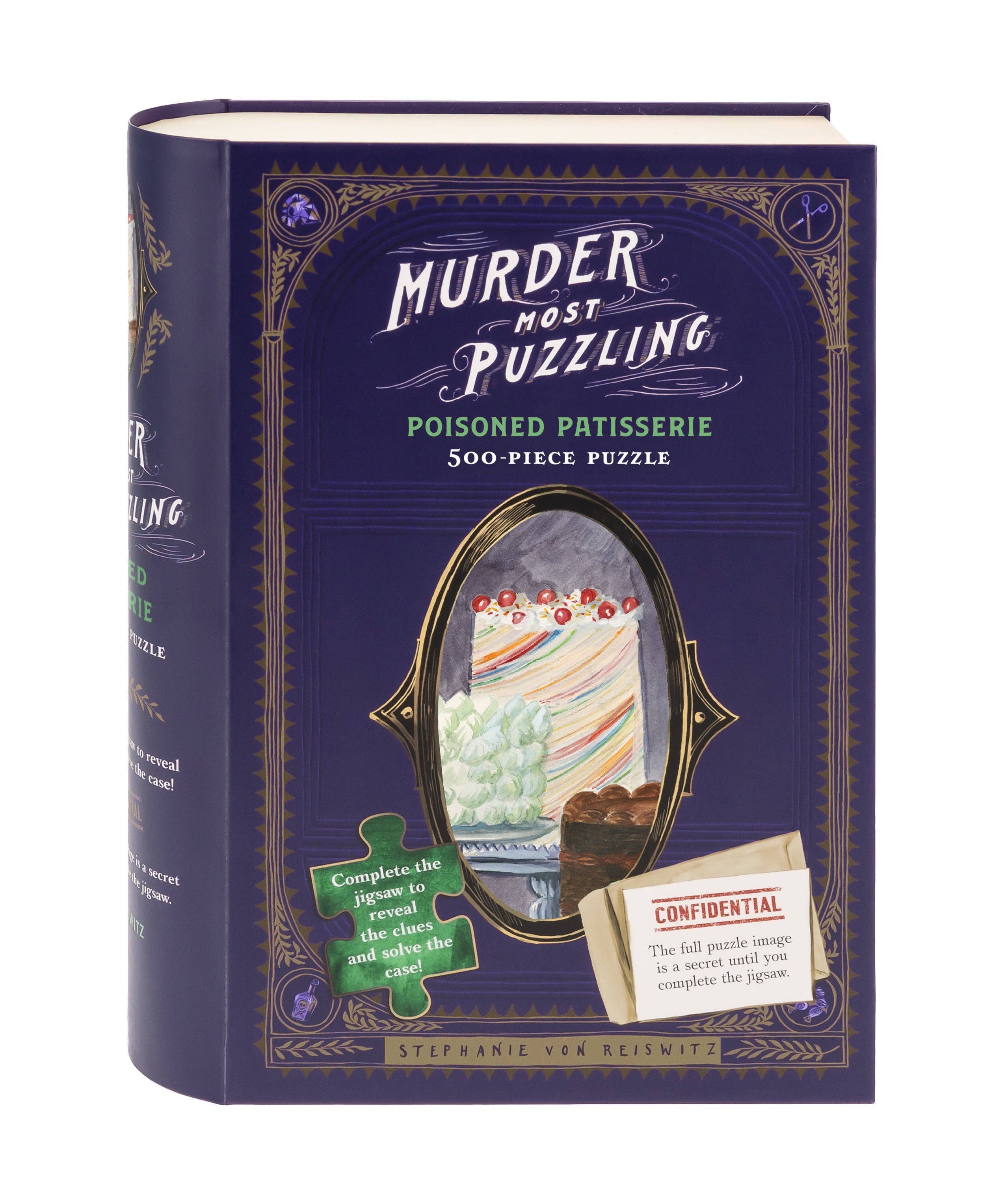 Murder Most Puzzling: Poisoned Patisserie 500-piece puzzle in a purple box with cake-themed cover art.