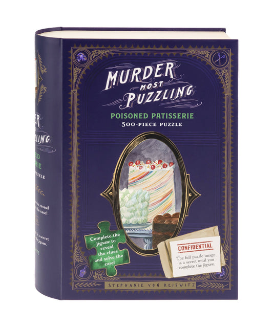 Murder Most Puzzling: Poisoned Patisserie 500-piece puzzle in a purple box with cake-themed cover art.