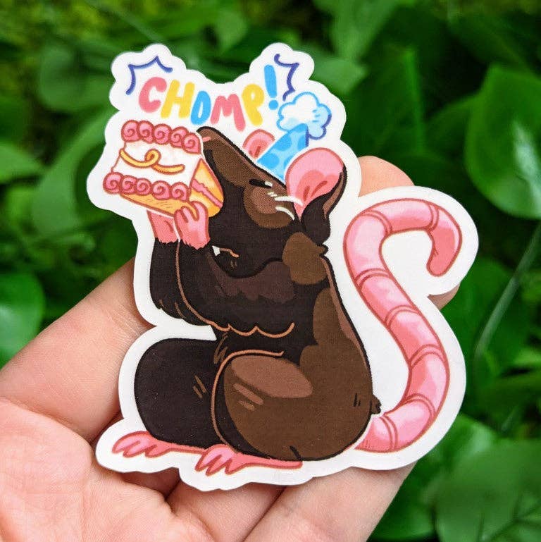 Rat Party Stickers featuring a cartoon rat in a party hat eating cake under “CHOMP”; waterproof and handheld.
