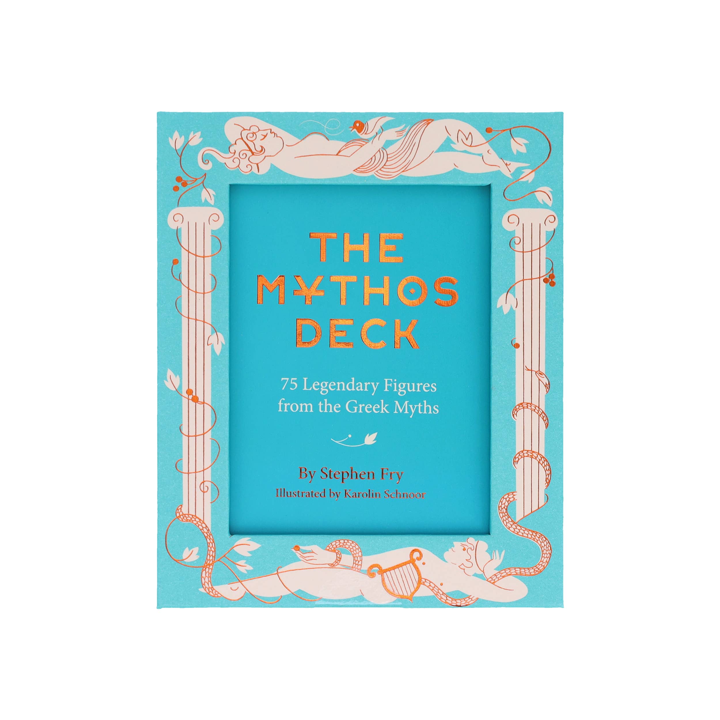 The Mythos Deck oracle in a blue box with Greek-inspired borders and mythological figure illustrations.