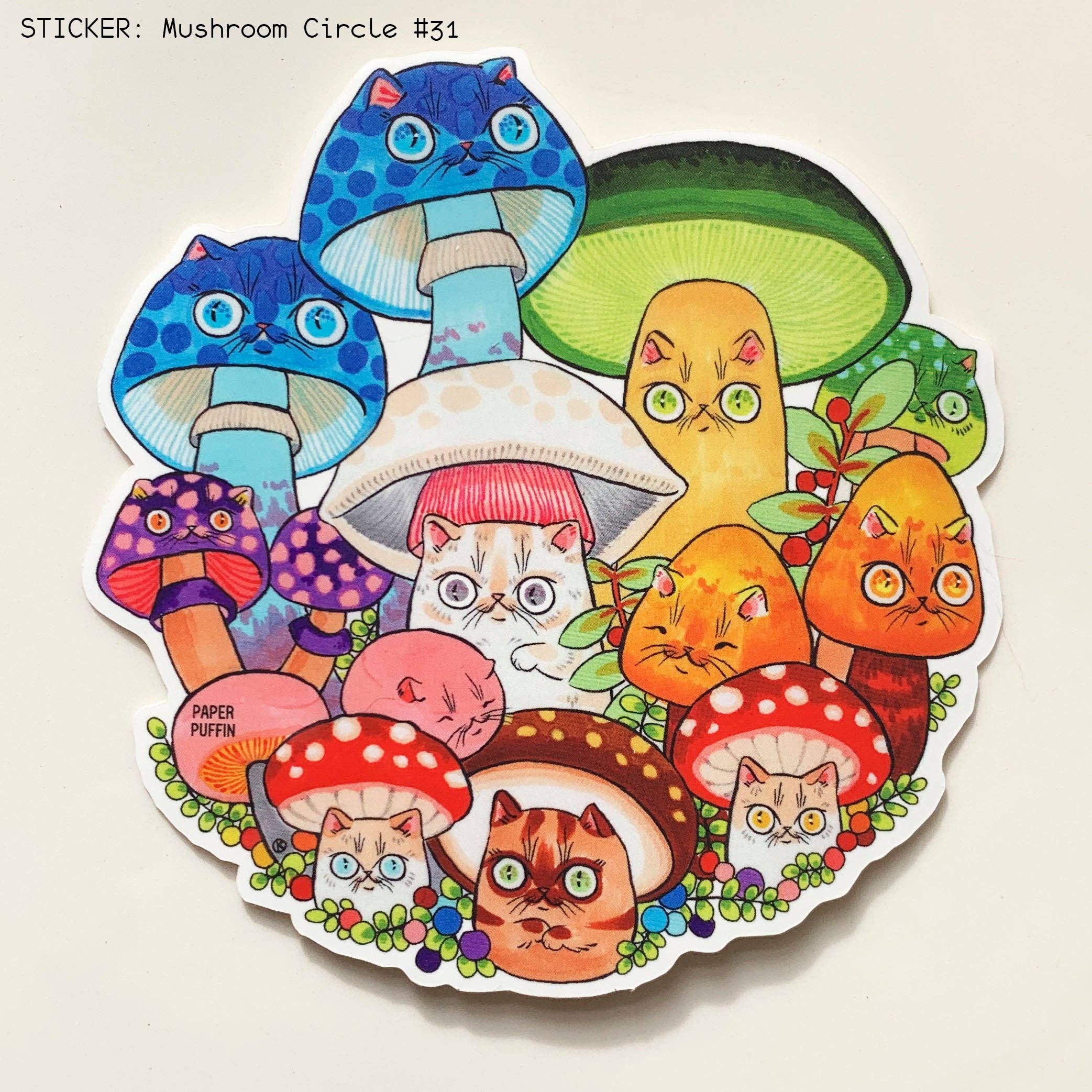 Mushroom Cats Circle 31 large sticker showing cats blended with colorful mushrooms.
