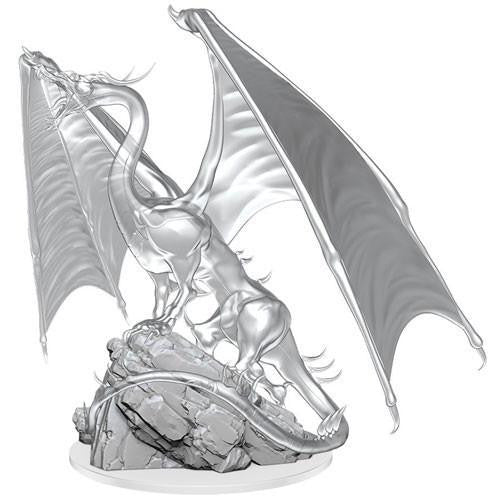 D&D: NMU: Young Emerald Dragon W17 figure, shiny silver dragon with large wings on a rocky base.