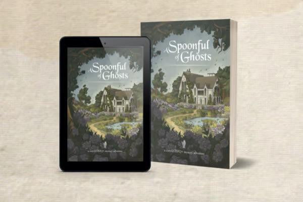 Tablet and paperback editions of A Spoonful of Ghosts, a queer mystery, are displayed.