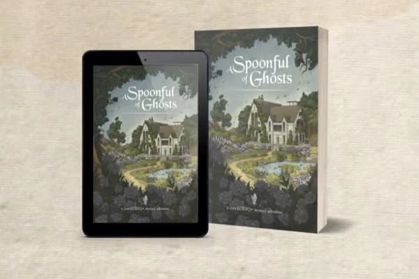 Tablet and paperback displaying the cover of A Spoonful of Ghosts, a queer mystery adventure with house and garden illustration.