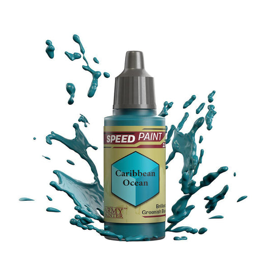 Army Painter Speedpaint Caribbean Ocean bottle with teal paint on white background.