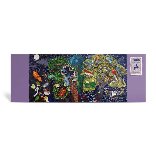 Mid Summer Night Dream by Enzhao Liu 1000-piece puzzle with birds and animals in a tree at night.