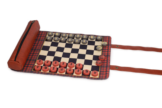 Pendleton Red Black Check Pattern Chess & Checkers set with roll-up board, leather handles, zippered pouch.