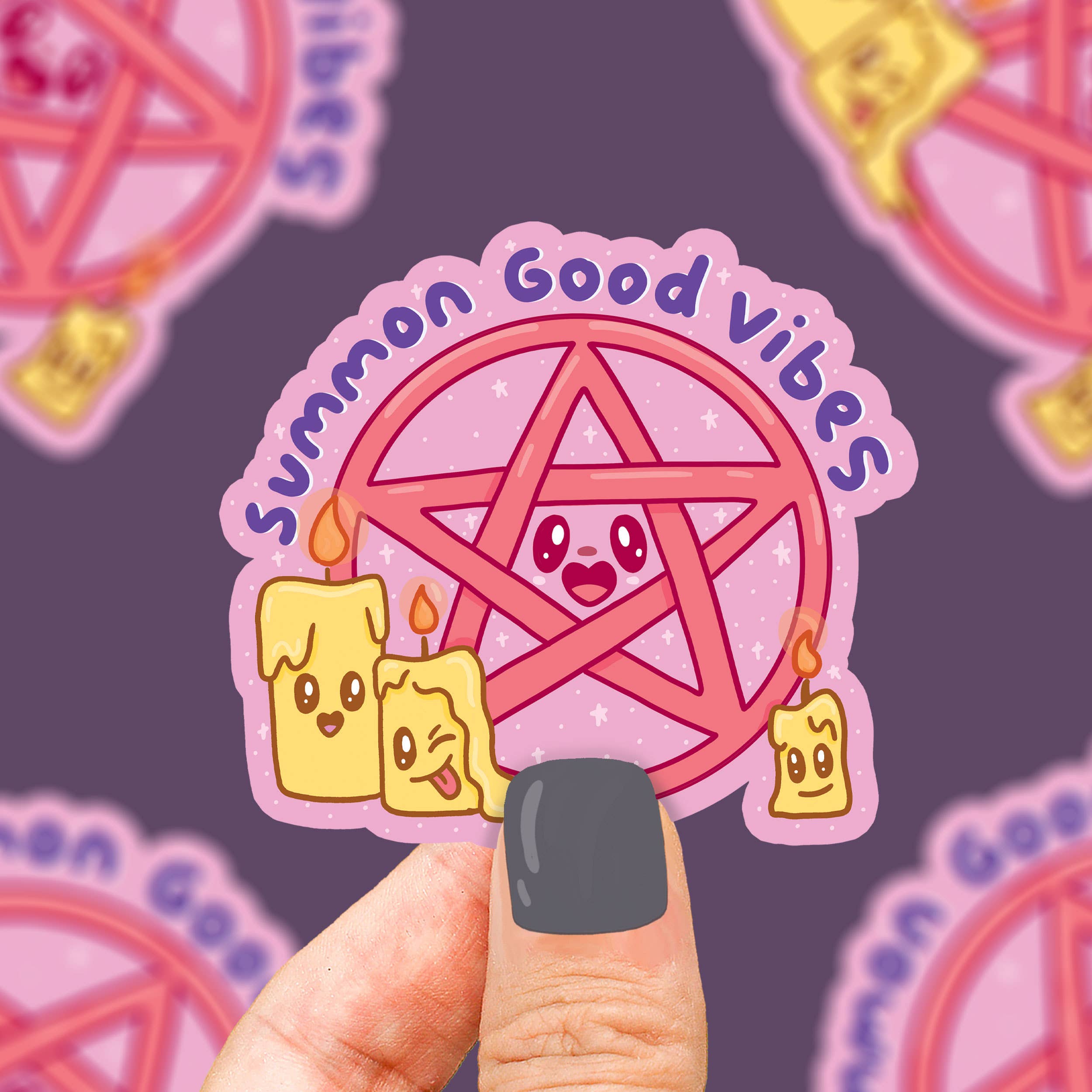 Summon Good Vibes Pentagram Gothic Kawaii Vinyl Sticker with candles and a pink pentagram held in a hand.