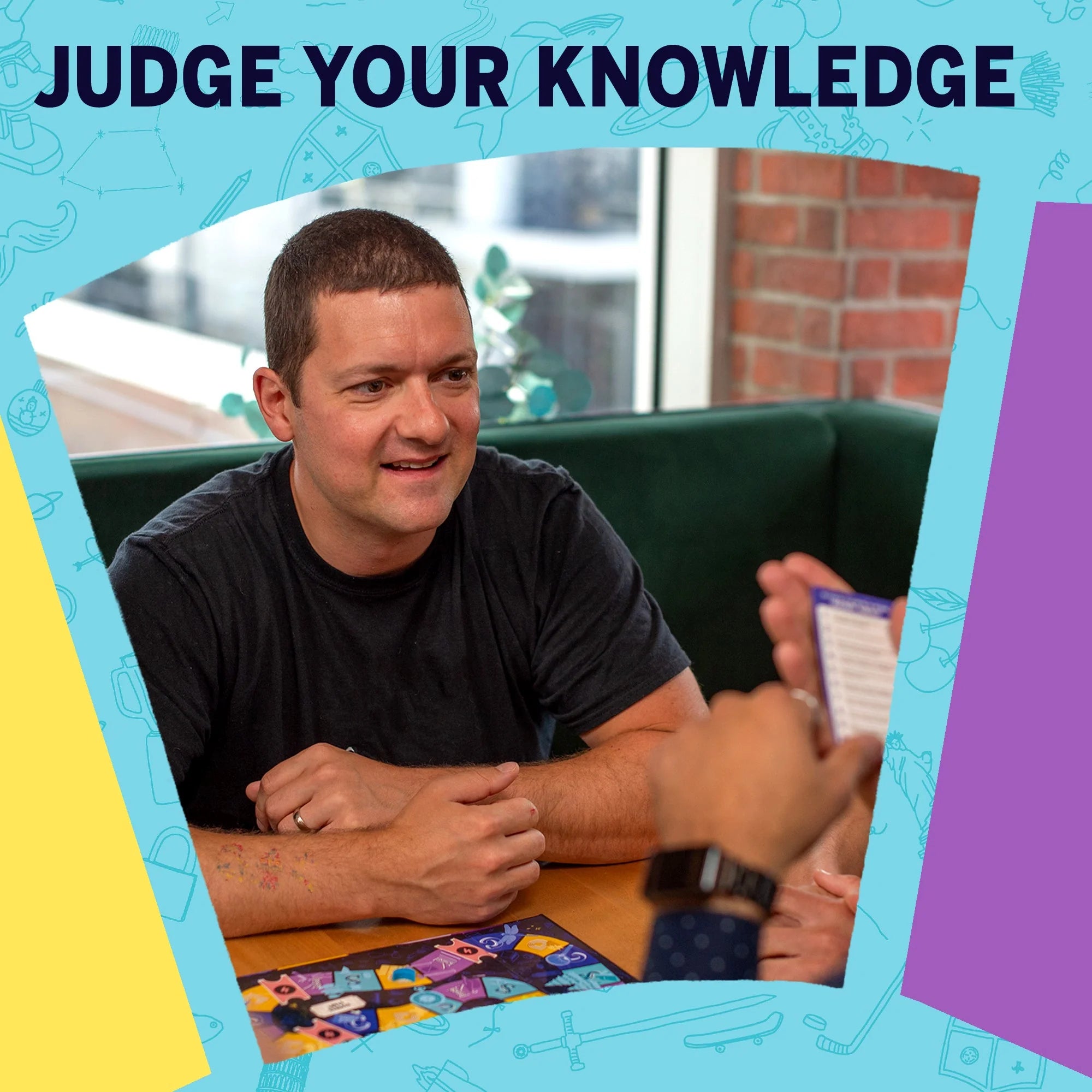 CDSK trivia game being played at a table; text above says Judge Your Knowledge.