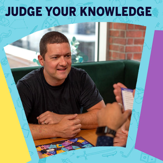 CDSK trivia game being played at a table; text above says Judge Your Knowledge.