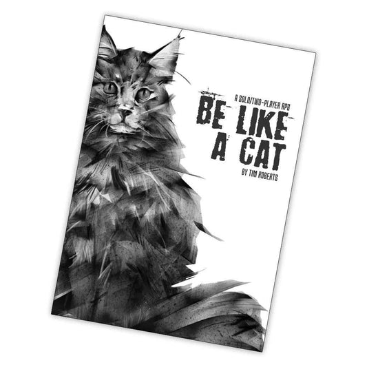 Be Like A Cat solo feline RPG book cover with black-and-white cat illustration.
