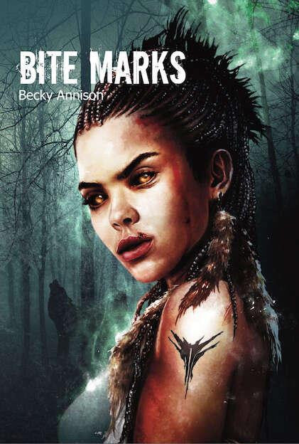 Bite Marks cover featuring a woman with braids, fierce eyes, and a tattoo in misty woods; werewolf pack dynamics theme.