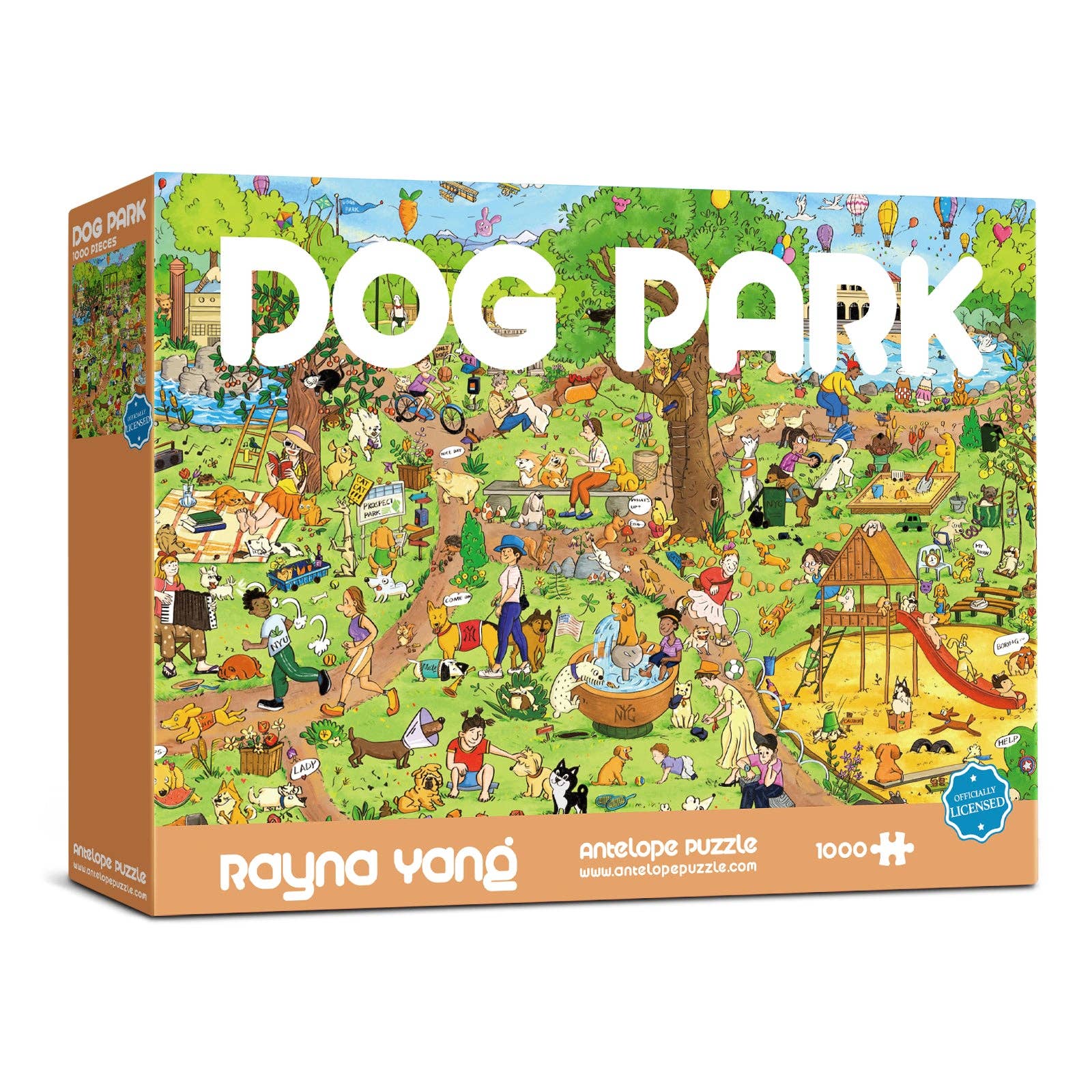 Dog Park Leisure Time 1000 Piece Jigsaw Puzzle with an outdoor park scene of people and dogs playing.