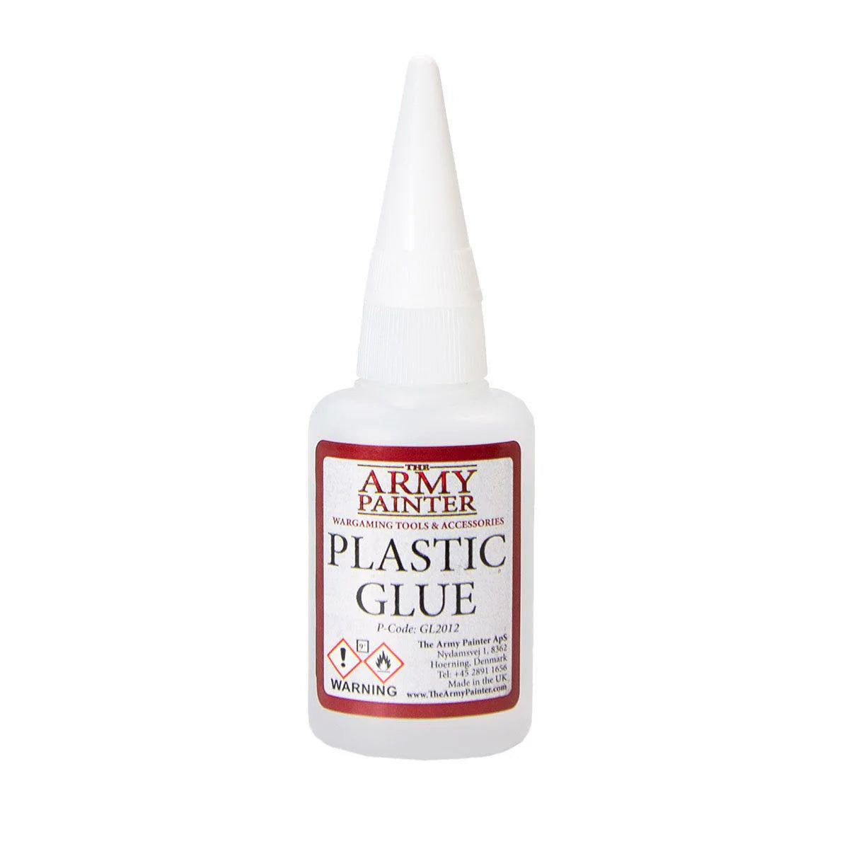 Army Painter Plastic Glue in a white bottle with pointed cap and red and white label for plastic miniatures.