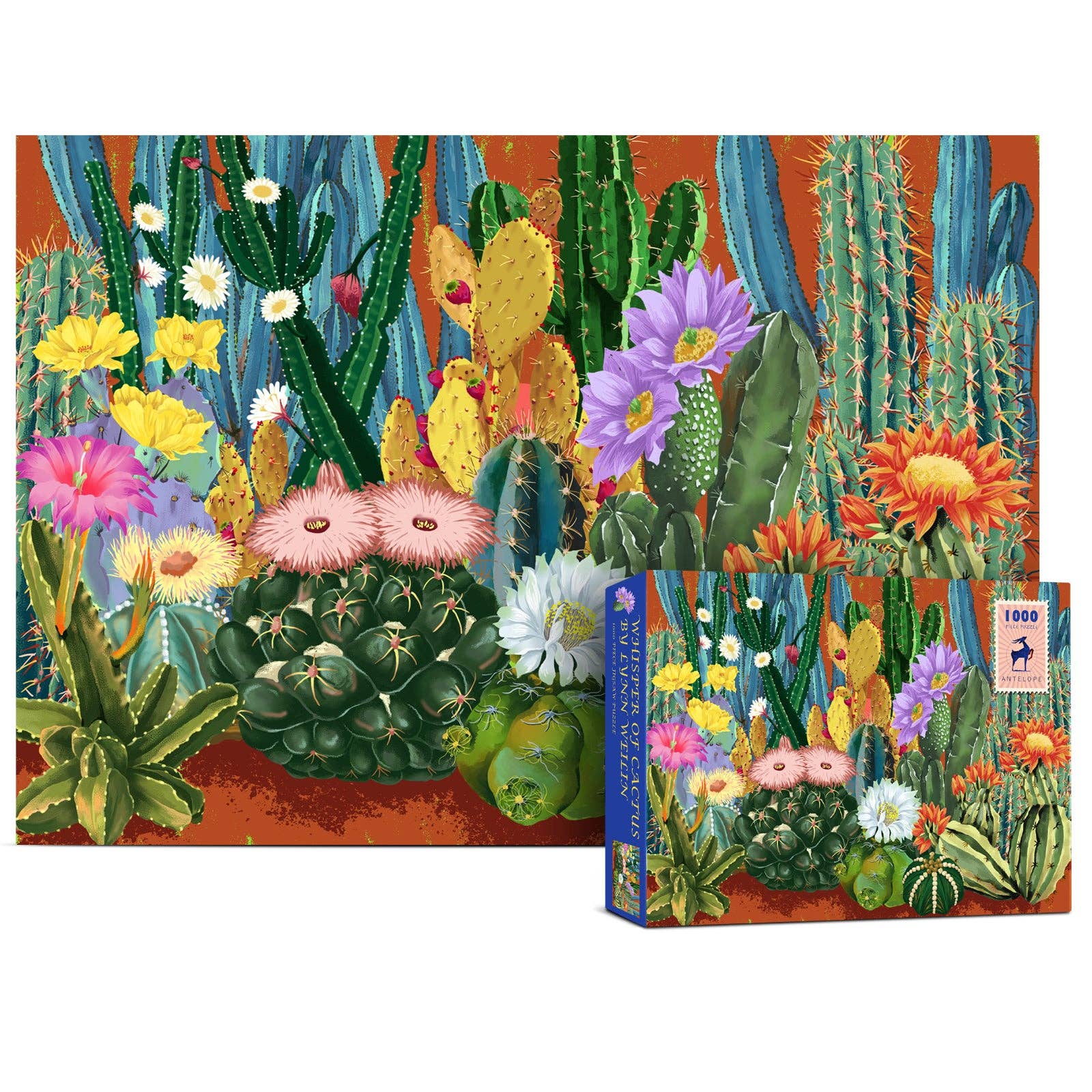 Whisper of Cactus by Lynn Weilin 1000 piece puzzle, completed, shown with box featuring cacti and flowers.