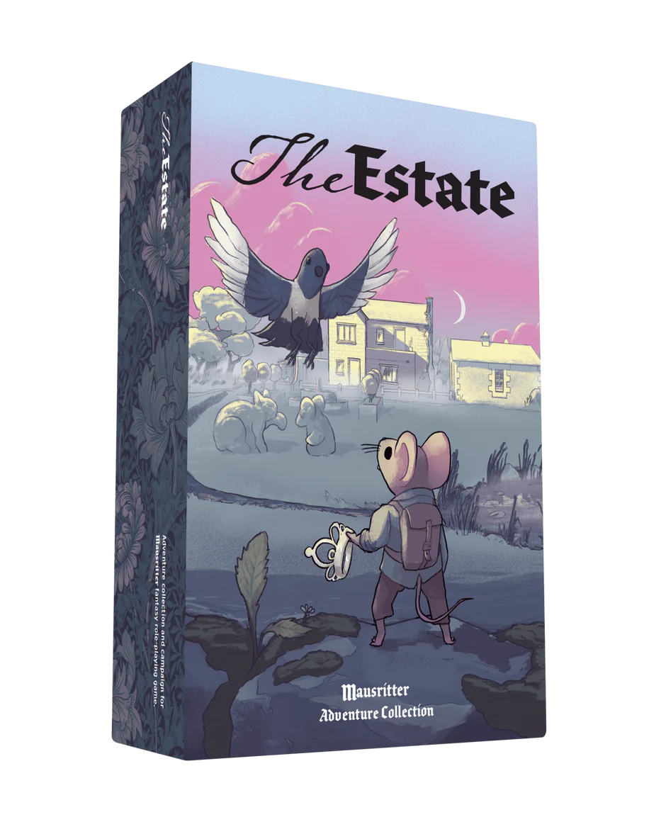 Mausritter Estate Collection game box featuring a mouse with a sword facing a bird near Brickport at sunset.