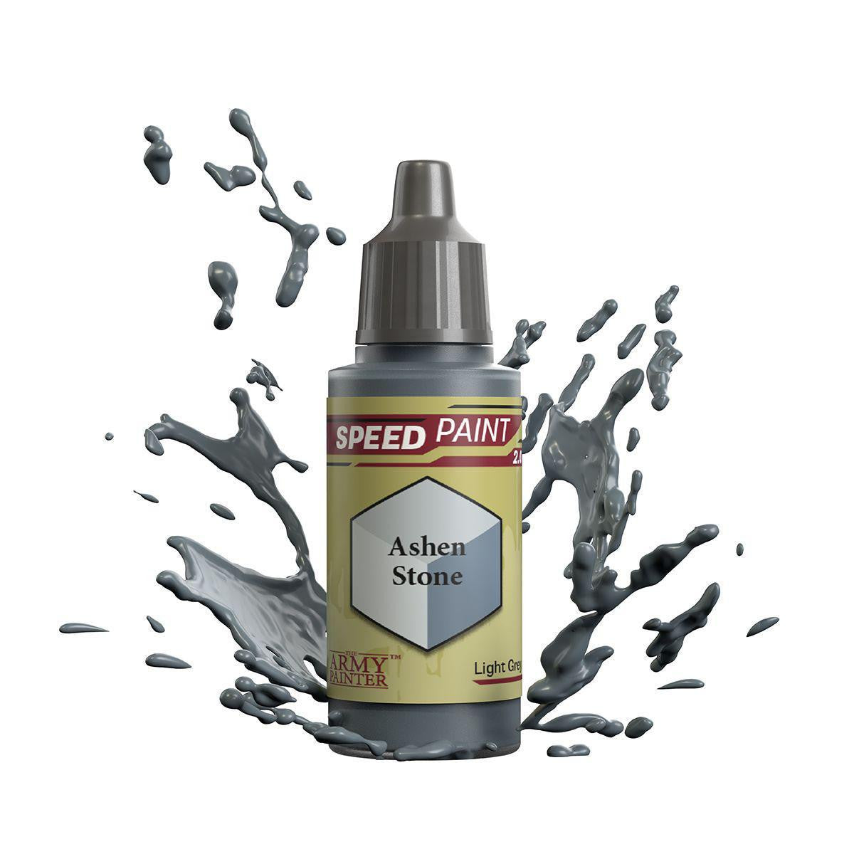 Army Painter Speedpaint Ashen Stone gray miniature paint with a splash on a white background.