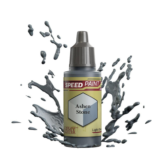Army Painter Speedpaint Ashen Stone gray miniature paint with a splash on a white background.