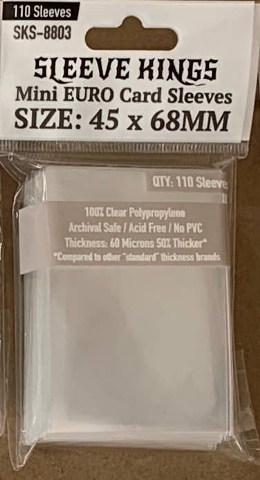 Sleeve Kings Mini Euro Card Sleeves 45x68mm SKS-8803, pack of 110 clear 60-micron card sleeves.