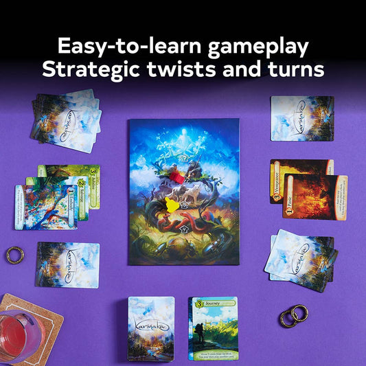Karmaka card game components, including cards, rings, and board, displayed on a purple table.
