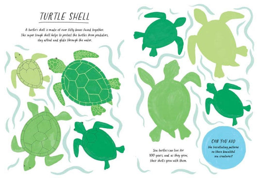 Drawn by Nature: Patterns coloring book featuring a turtle shell with over 50 bones highlighted.