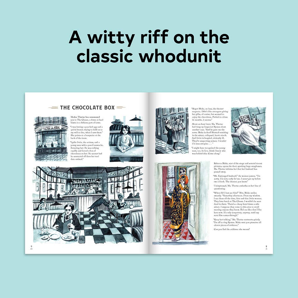 Open book displaying Murder Most Puzzling, a detective and murder mystery puzzle collection with illustrations.