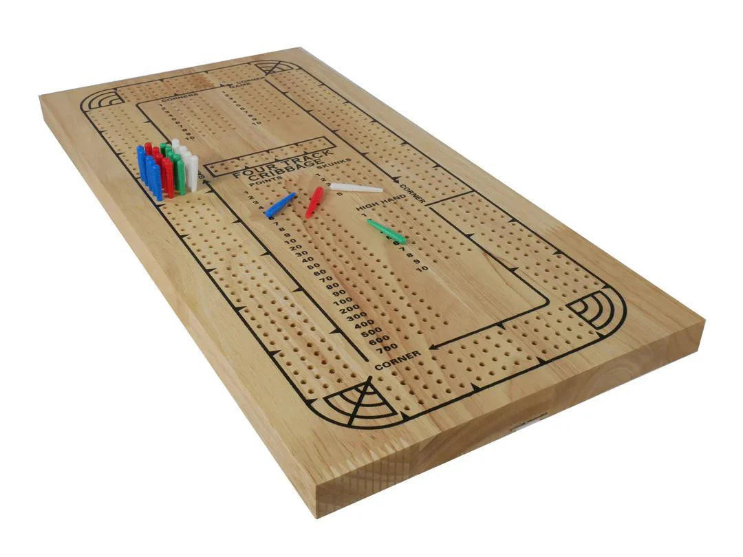 4 Track Wood Cribbage Board with pegs, extra colored pegs, and printed scoring tracks.