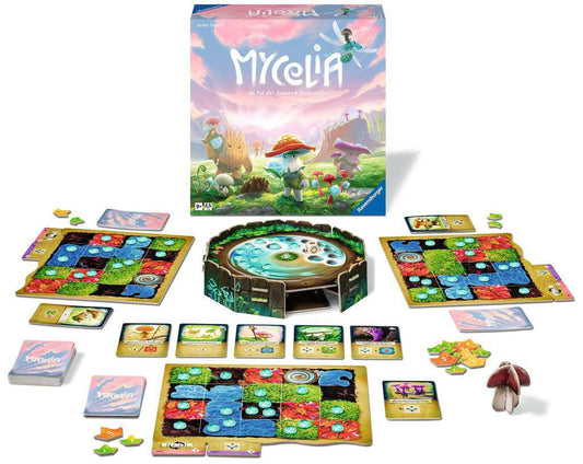 Mycelia deck-building game with boards, cards, tokens, and a mushroom-themed forest shrine centerpiece.