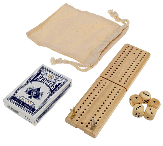 WE Games Cribbage and More Travel Game Pack with playing cards, folding board, 4 pegs, 5 dice, and pouch.