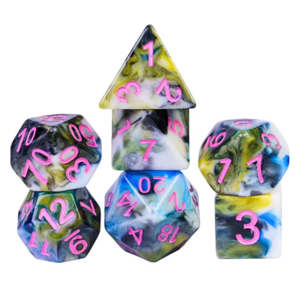 Into the Bog RPG Dice Set with six colorful polyhedral dice featuring pink numbers for D&D or role-playing games.