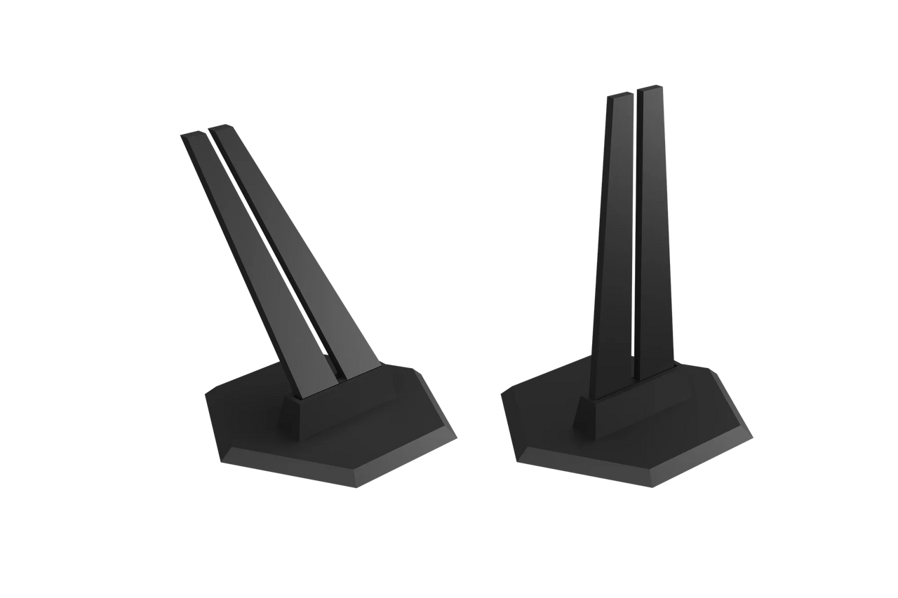 Two black angular Premium Pinfinity Pin Stands with hexagonal bases, shown on a white background.