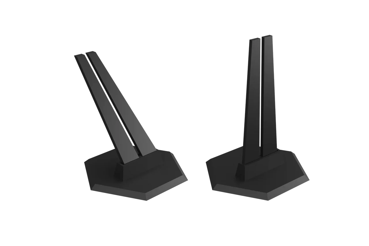 Two black Premium Pinfinity Pin Stands with hexagonal bases, each holding a pin, on a white background.