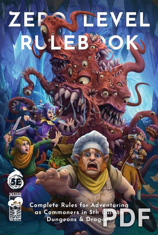 Zero Level Rulebook, featuring zero-level characters; cover art shows adventurers fleeing a tentacled beast in an icy cave.