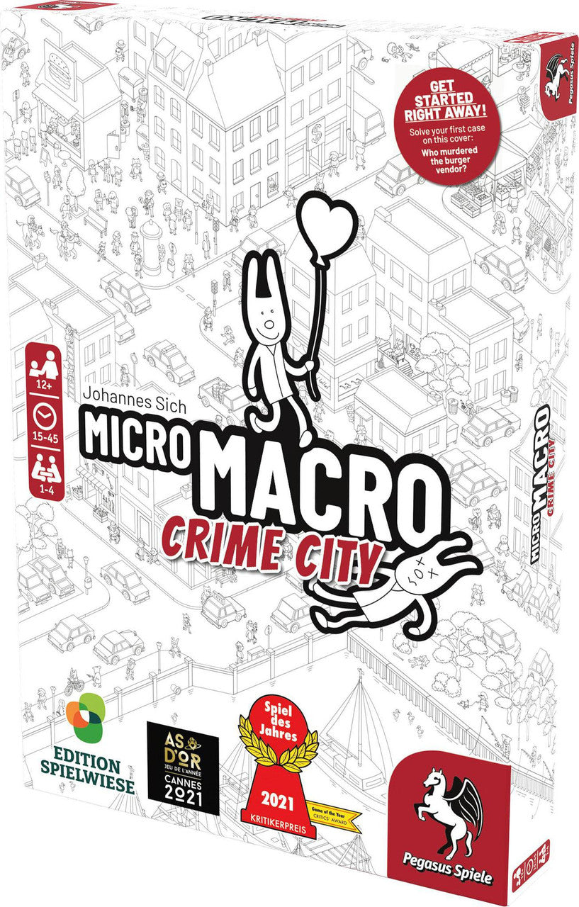 Micromacro Crime City box cover featuring cartoon characters and a monochrome city illustration.