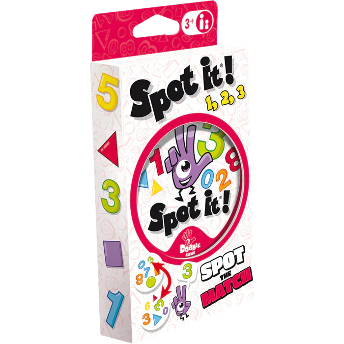 Spot It 1 2 3 (Eco Blister) educational card game for ages 3+, with colorful numbers, shapes, and a purple hand.