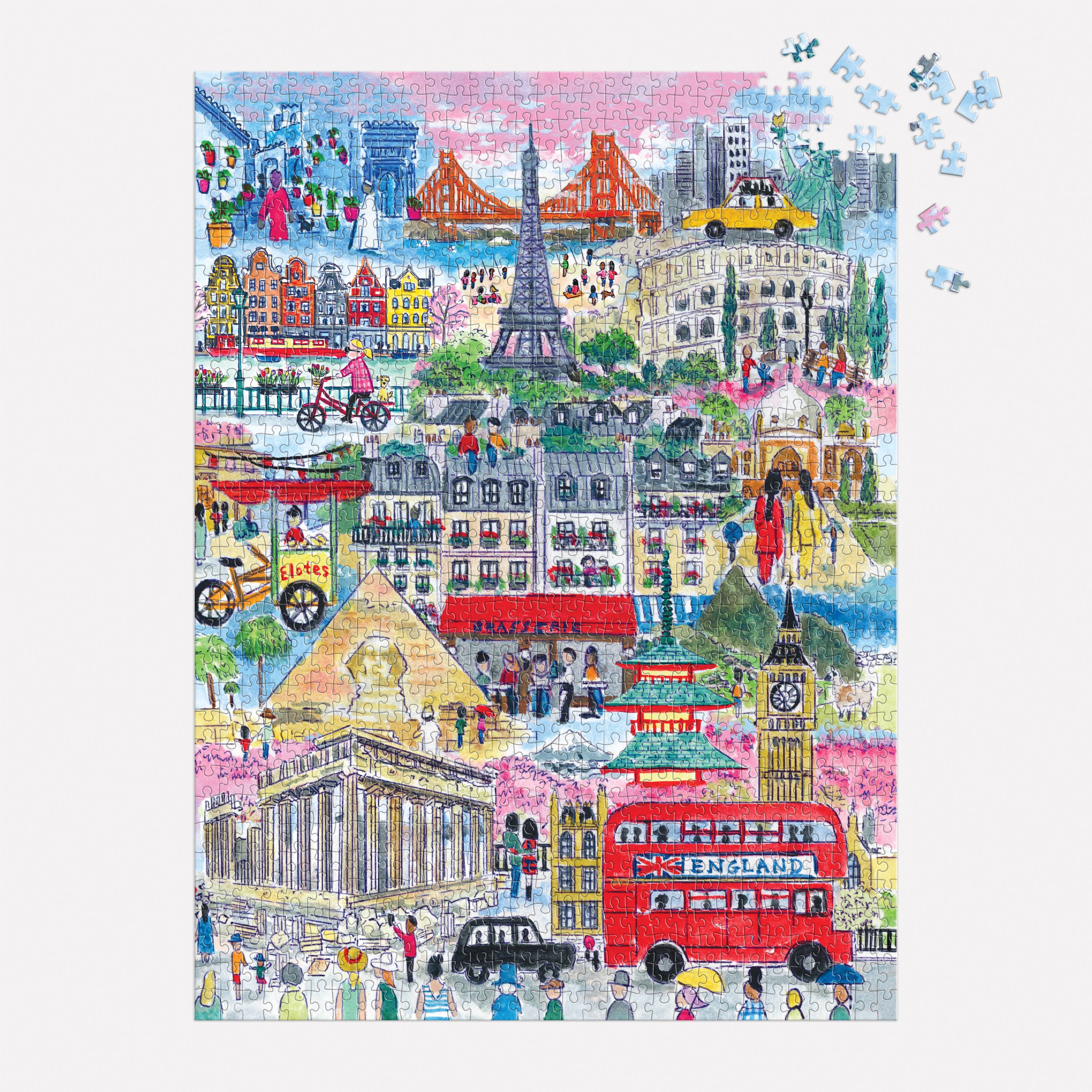 Michael Storrings Cities Around the World 1000 Piece Puzzle featuring global city landmarks.