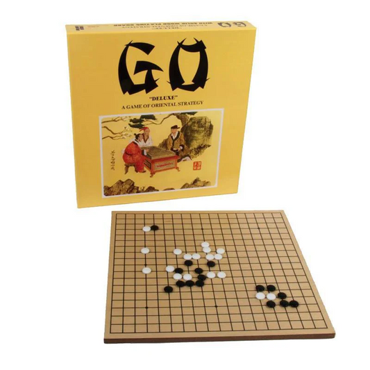 GO Deluxe Set with wooden board, black and white stones, packaged in a yellow box.