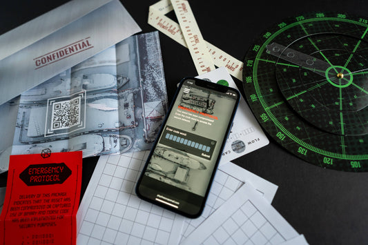 Family Secrets Series: Episode 2 - Missing Person package and documents with a smartphone showing a secure login screen.