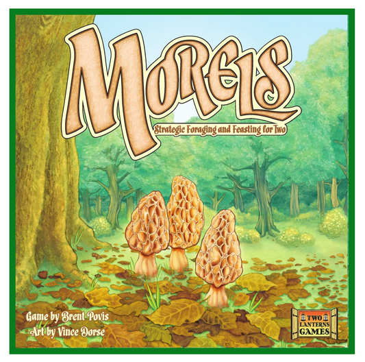 Morels board game with title and product details, featuring three morel mushrooms on the cover.