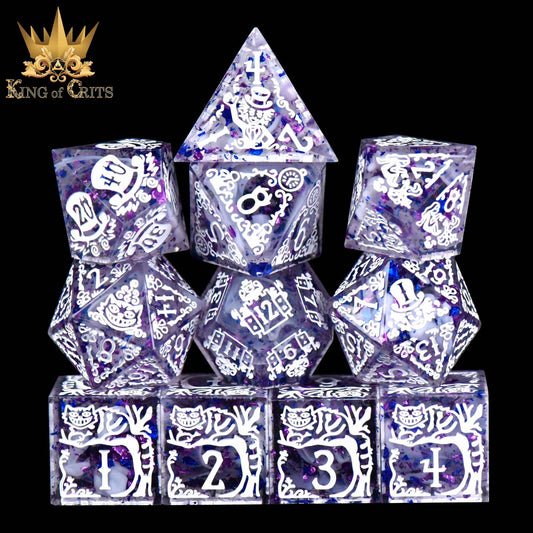 Alice’s Wonderland 11-piece sharp edge dice set: purple and clear dice with white engravings.