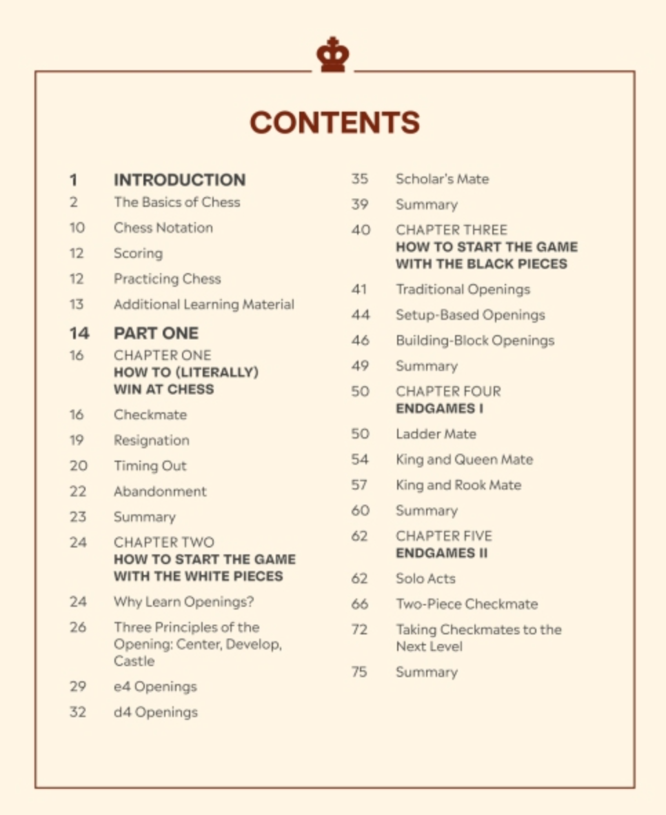 Table of contents page from How to Win At Chess by Levy Rozman, listing chess strategies, openings, endgames, and tactics.
