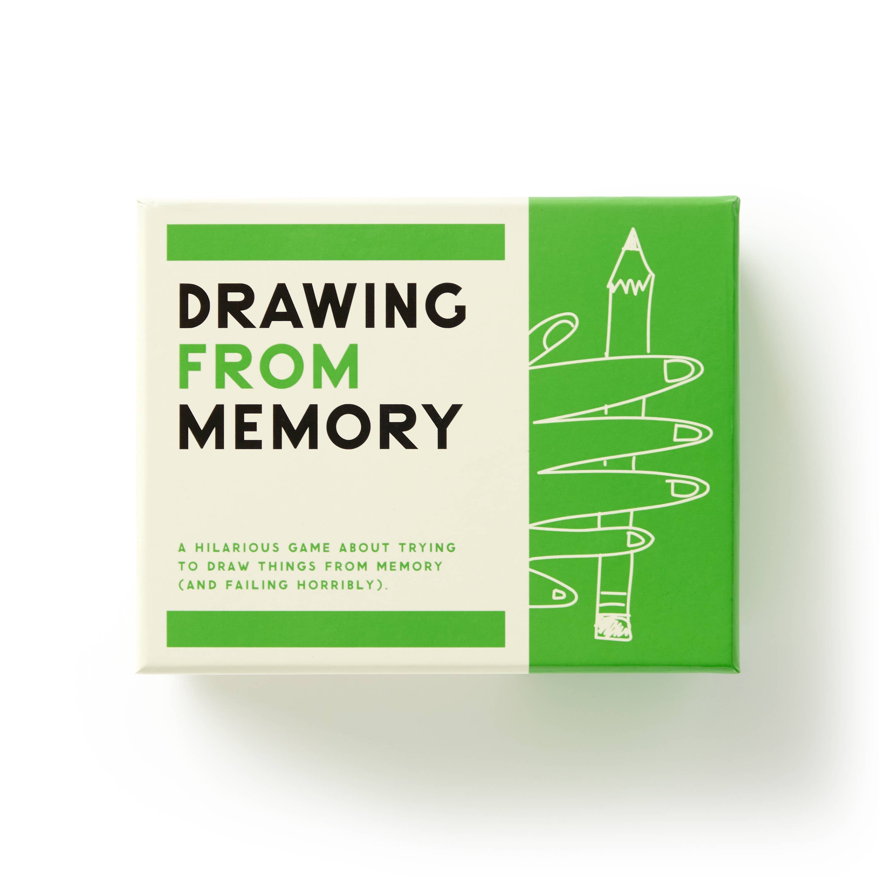 Brass Monkey Drawing From Memory Game box with a pencil wrapped in a line on a green and white background.