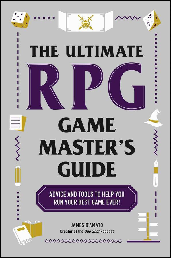 The Ultimate RPG Game Masters Guide book cover featuring tabletop dice, hat, scroll, and wizard staff.