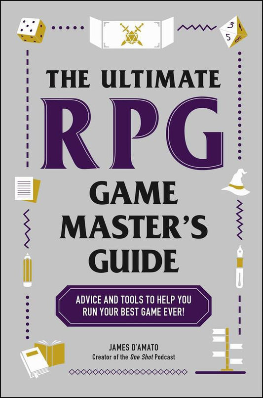 The Ultimate RPG Game Masters Guide book cover featuring tabletop dice, hat, scroll, and wizard staff.