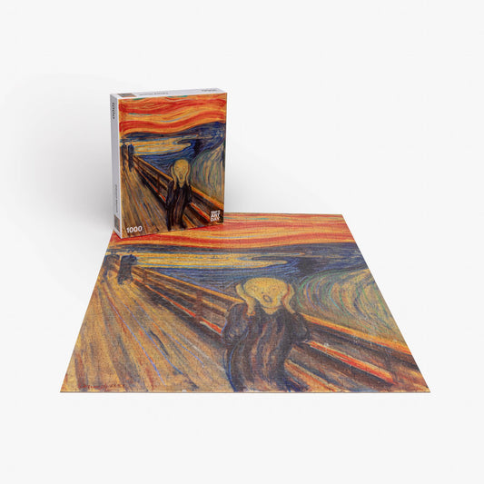 Completed 1000-piece Edvard Munch Scream puzzle with box showing the same artwork.